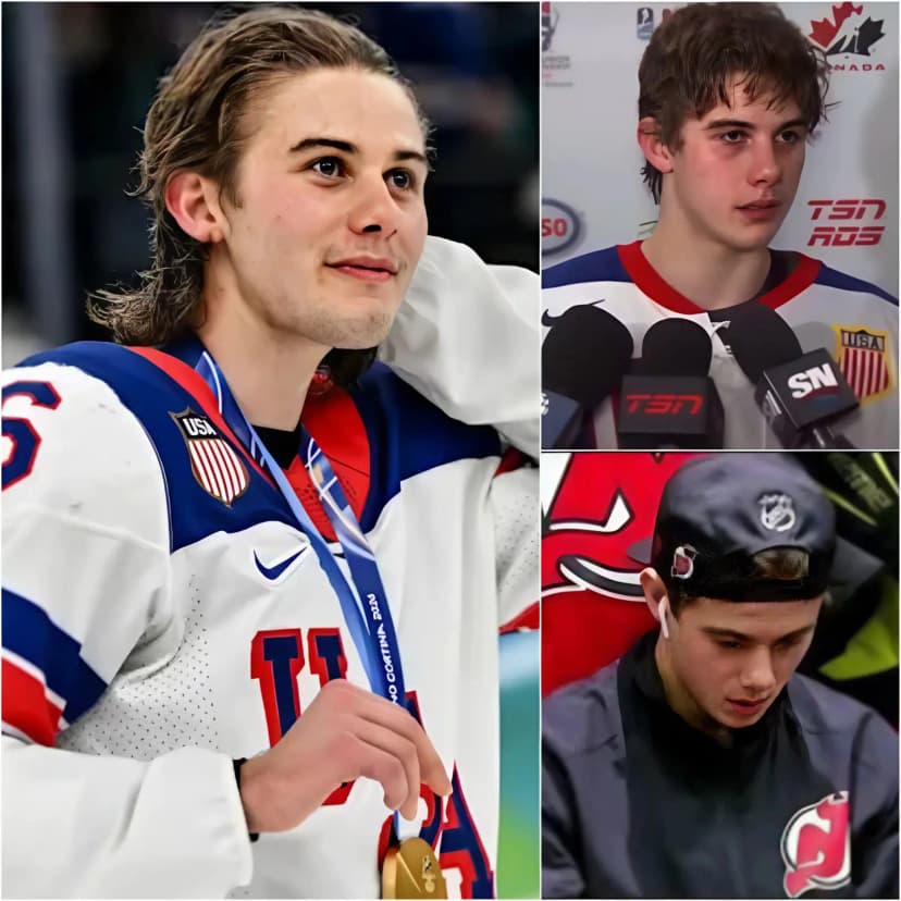 TEARS ON THE ICE — JACK HUGHES STUNS MILAN WITH A TREMBLING NATIONAL ANTHEM AFTER TEAM USA’S GOLD No champagne showers. No wild celebration. Just Jack Hughes standing alone at center ice in Milan, clutching a microphone as thousands fell silent. After Team USA’s golden triumph, he sang the National Anthem through tears — voice cracking, heart exposed. Fans called it “pure chills.” Insiders whisper he was honoring a private promise to someone who couldn’t be there. Then came the moment that shattered the internet: a six-word message, barely audible, breathed into the camera. Within minutes, the clip exploded worldwide — a champion’s victory transformed into something unforgettable.
