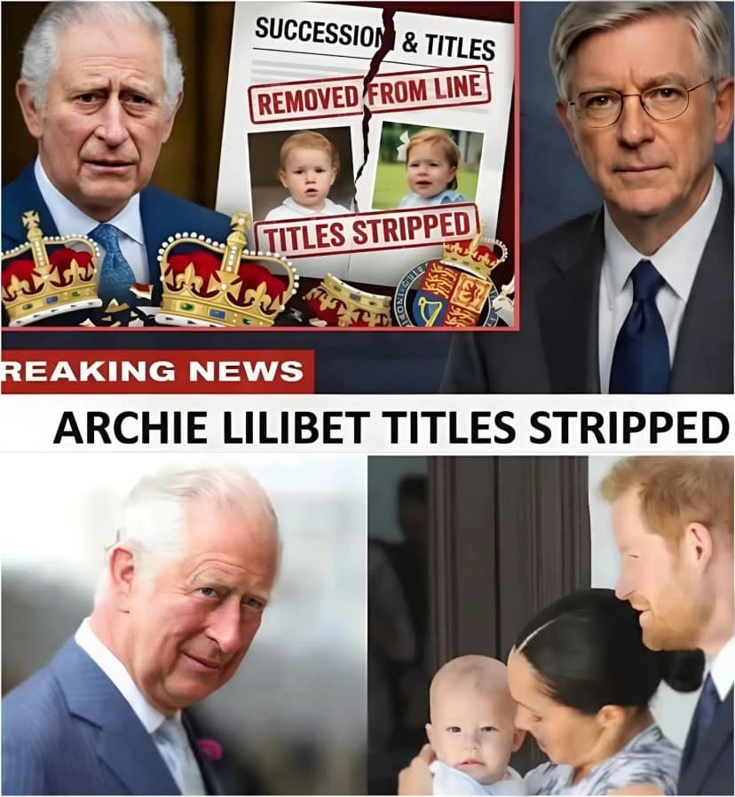 In a historic and unprecedented move, King Charles III has officially stripped Prince Harry of his Duke of Sussex title, revoked all royal designations from Meghan Markle, and removed their children, Archie Harrison and Lilibet Diana, from the line of succession. This decisive constitutional decree, issued February 3, 2025, shatters their royal ties completely.