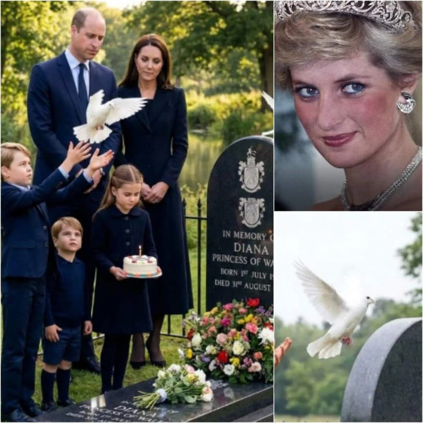 🌹 PRINCE WILLIAM AND CATHERINE LEAD EMOTIONAL TRIBUTE TO PRINCESS DIANA: PRINCESS CHARLOTTE BRINGS BIRTHDAY CAKE, PRINCE GEORGE AND PRINCE LOUIS SING “SEE YOU AGAIN,” WHITE DOVES RELEASED IN A TEARFUL FAMILY MEMORIAL “Happy Birthday, Grandma…” 🕊️🎂 A tender tribute as Prince William’s children honor Princess Diana in an emotional family moment. Get your tissues ready. Prince William and Princess Catherine were reportedly deeply moved during a quiet visit to Princess Diana’s resting place. Princess Charlotte gently carried a birthday cake in remembrance of her late grandmother, while Prince George and Prince Louis sang a heartfelt version of “See You Again,” filling the moment with emotion and reflection. As white doves rose into the sky, symbolizing peace and eternal love, those present described the atmosphere as overwhelmingly touching. It was a powerful reminder that Diana’s legacy continues to live on – not just in history, but in the hearts of her grandchildren.