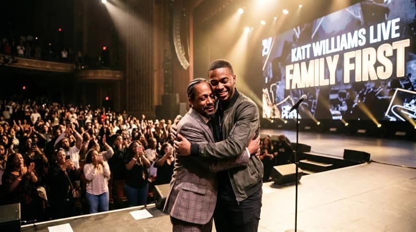 A SPECIAL MOMENT: Last night, Katt Williams’ son, Micah Williams, stepped onto the stage and delivered a deeply emotional performance — a tribute to his father, who was quietly watching from the audience. There was no attempt to imitate Katt Williams’ legendary comedic style or his unmistakable stage presence. Instead, the performance carried something far more intimate: a son’s gratitude, expressed through words and storytelling that reflected the spirit, struggle, and resilience that have defined his father’s journey. As the performance unfolded, Katt Williams lowered his head, visibly moved. Not as a comedy icon. Not as a global entertainer whose voice shaped generations of stand-up comedy. But as a father — hearing his life’s faith, pain, and purpose reflected back through his son’s words. Fans around the world agreed — it didn’t feel like a performance. It felt like a message. A quiet, powerful exchange of legacy and love, passed not through fame, but through heart. When the moment reached its peak, time seemed to pause. There were no decades of celebrity. No awards. No sold-out arenas. Only a single moment shared between a father listening… and a son speaking directly to him. “That wasn’t just a performance,” one fan wrote softly. “That was devotion. That was inheritance. And that was Katt Williams’ spirit — reflected back to him by the person who carries it forward.”