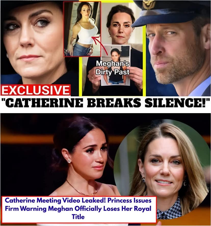 A shocking new leak is sending shockwaves through royal circles tonight. A confidential video — allegedly filmed during a private palace strategy meeting — has surfaced online, and it shows Catherine, Princess of Wales, taking a far stronger stance than the public has ever seen. According to descriptions circulating among insiders, Catherine delivers a direct and unmistakable warning regarding Meghan Markle’s behavior and her future position within the monarchy. While the Palace has not commented, those who claim to have seen the leaked footage say Catherine appears calm, composed, and absolutely firm. During the meeting, she reportedly states that the monarchy can no longer operate “under constant disruption, misinformation, and attempts to monetize royal association.” Observers say the tone wasn’t emotional or angry — it was authoritative. It was leadership. And what followed next stunned even senior advisors: Catherine allegedly supported a formal motion for Meghan to lose all remaining royal styling, a move long speculated by commentators but never confirmed inside Palace walls. The leaked video reportedly shows a discussion centered around clarity, consistency, and protecting the Crown’s integrity — with Catherine making the case that the public confusion over Meghan’s title has been exploited for personal branding, commercial gain, and political influence. This comes after months of escalating tension. Meghan’s media projects, outspoken commentary, and rebranding efforts in the US have repeatedly placed the Royal Family in the spotlight — often in ways the Palace finds deeply uncomfortable. From documentary claims to podcast accusations, Catherine has quietly endured years of being pulled into controversies she never responded to publicly. But insiders claim this leaked video reveals something different: Catherine reaching her limit — and stepping into a new, more decisive leadership role as the future Queen. The footage allegedly captures senior royal advisors acknowledging that Meghan continues using royal titles to give weight to her business ventures abroad. Catherine, according to the leak, argues that this blurs the line between monarchy and celebrity in ways that could damage the institution long-term. As the conversation unfolds, the advisors reportedly agree that a formal removal of Meghan’s last remaining title would “restore constitutional clarity.” And by the end of the meeting, according to those discussing the leak, a consensus had formed. Meanwhile in California, reports say Meghan and Harry were left blindsided, stunned that the title issue — long rumored but never acted upon — is now being addressed directly at the highest level. Meghan, according to sources, sees the move as a personal attack. Harry, however, is reportedly caught between loyalty to his wife and the undeniable reality of royal protocol. The Palace still refuses to comment, but the online world is buzzing: Did Catherine just make the decision that the monarchy had been avoiding for years? Has Meghan truly lost her remaining royal status? And what happens next — retaliation, reconciliation, or a total royal break? One thing is clear: If this leaked meeting is authentic, Catherine has officially stepped into her power… and the royal landscape may never look the same.