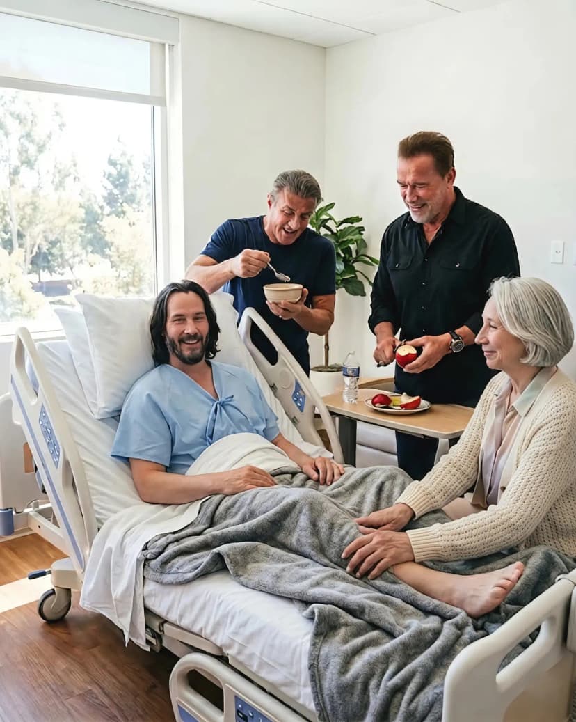 The image stopped the world: Keanu Reeves in a hospital bed, still smiling, beside Alexandra Grant, Sylvester Stallone, and Arnold Schwarzenegger.