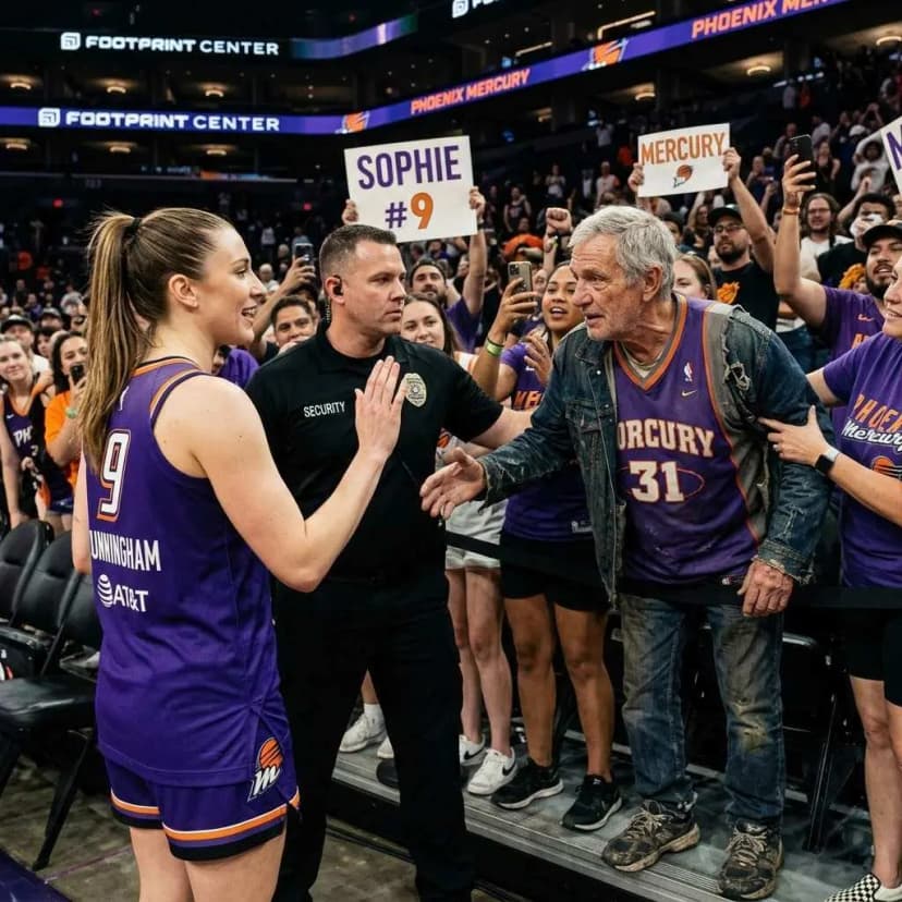 Security staff tried to stop him, but Sophie Cunningham calmly raised her hand and said, “Let him come closer.” A man in his sixties, wearing old, worn-out sneakers, a faded Mercury jersey from the previous season along with a tattered jacket, was pushing through the crowd while Sophie was greeting fans at the post-game meet-and-greet at Footprint Center in 2026.